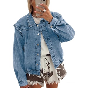 image:imagechouyatou Women 2025 Fall Y2K Studded Oversized Jean Jacket Western Distressed Casual Bomber Denim JacketLight Blue