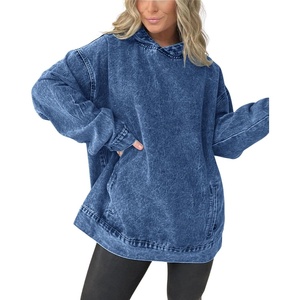 image:imagechouyatou Womens Casual Pullover Denim Jacket Vintage Distressed Jean Hoodie Jacket TopsDark Blue