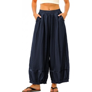 image:imagechouyatou Womens Hollow Out Barrel Jeans Elastic Waist Ruffled Denim PantsDark Blue
