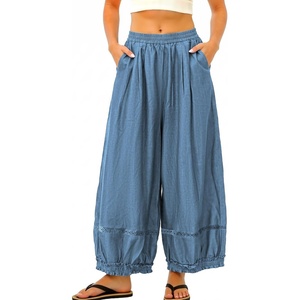 image:imagechouyatou Womens Hollow Out Barrel Jeans Elastic Waist Ruffled Denim PantsLight Blue