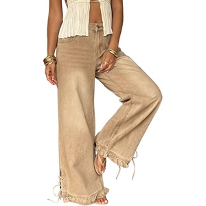image:imagechouyatou Womens Ruffle Hem Wide Leg Jeans Y2k Street Baggy Denim PantsKhaki