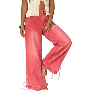 image:imagechouyatou Womens Ruffle Hem Wide Leg Jeans Y2k Street Baggy Denim PantsWatermelon Red