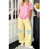 image:imagechouyatou Womens Cotton Floral Barrel Pants Patchwork Y2K Baggy Wide Leg Pants PalazzosYellow