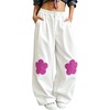 image:imagechouyatou Womens Cotton Floral Barrel Pants Patchwork Y2K Baggy Wide Leg Pants PalazzosWhite