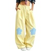 image:imagechouyatou Womens Cotton Floral Barrel Pants Patchwork Y2K Baggy Wide Leg Pants PalazzosYellow