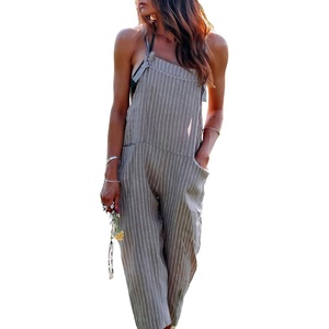 image:imagechouyatou Womens Casual Striped Tie Knot Strap Wide Leg Bib Overall Jumpsuit Palazzo Pants with PocketsGray