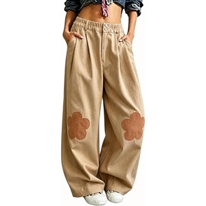 image:imagechouyatou Womens Cotton Floral Barrel Pants Patchwork Y2K Baggy Wide Leg Pants PalazzosKhaki