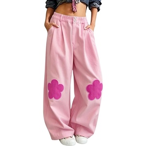 image:imagechouyatou Womens Cotton Floral Barrel Pants Patchwork Y2K Baggy Wide Leg Pants PalazzosPink