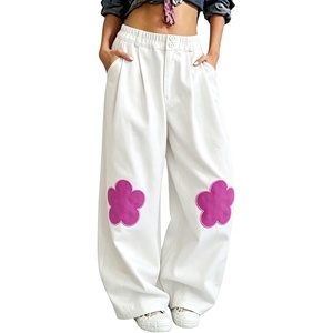 image:imagechouyatou Womens Cotton Floral Barrel Pants Patchwork Y2K Baggy Wide Leg Pants PalazzosWhite