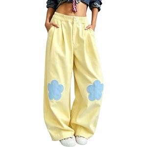 image:imagechouyatou Womens Cotton Floral Barrel Pants Patchwork Y2K Baggy Wide Leg Pants PalazzosYellow