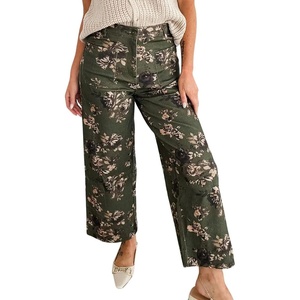 image:imagechouyatou Womens Distressed Y2K Floral Printed Jeans Wide Leg Patchwork Cropped Denim Pants with PocketsArmy Green