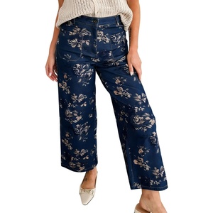 image:imagechouyatou Womens Distressed Y2K Floral Printed Jeans Wide Leg Patchwork Cropped Denim Pants with PocketsDark Blue