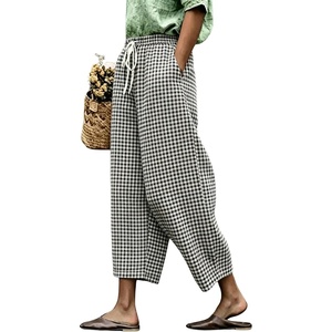 image:imagechouyatou Womens Plaid Wide Leg Crop Pants Gingham Loose Fit Palazzo PantsBlack