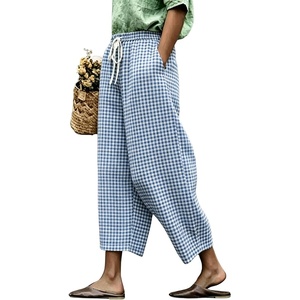 image:imagechouyatou Womens Plaid Wide Leg Crop Pants Gingham Loose Fit Palazzo PantsBlue