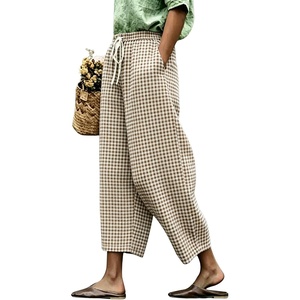 image:imagechouyatou Womens Plaid Wide Leg Crop Pants Gingham Loose Fit Palazzo PantsBrown