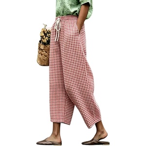 image:imagechouyatou Womens Plaid Wide Leg Crop Pants Gingham Loose Fit Palazzo PantsRed