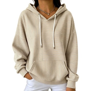 image:imagechouyatou Womens Striped Pullover Hoodies Loose Oversized Sweatshirt TopsKhaki
