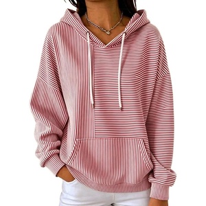 image:imagechouyatou Womens Striped Pullover Hoodies Loose Oversized Sweatshirt TopsRed
