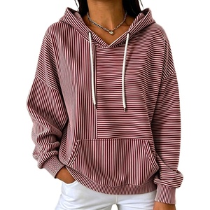 image:imagechouyatou Womens Striped Pullover Hoodies Loose Oversized Sweatshirt TopsWine Red