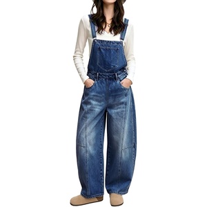 image:imagechouyatou Womens Y2K Denim Bib Overalls Wide Leg Barrel Jeans JumpsuitsBlue