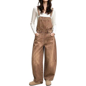 image:imagechouyatou Womens Y2K Denim Bib Overalls Wide Leg Barrel Jeans JumpsuitsBrown