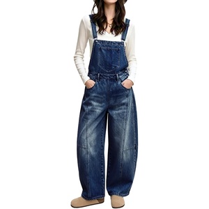 image:imagechouyatou Womens Y2K Denim Bib Overalls Wide Leg Barrel Jeans JumpsuitsDark Blue