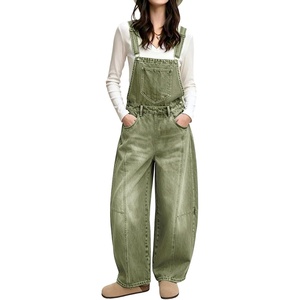 image:imagechouyatou Womens Y2K Denim Bib Overalls Wide Leg Barrel Jeans JumpsuitsGreen