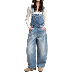 image:imagechouyatou Womens Y2K Denim Bib Overalls Wide Leg Barrel Jeans JumpsuitsLight Blue