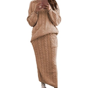 image:imagechouyatou Women Winter Casual Chunky Cable Knit Long Pencil Skirt 2 Piece Outfit Oversized Pullover Sweater SetsKhaki