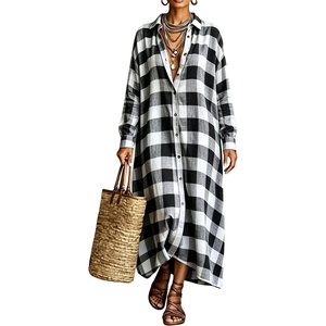 image:imagechouyatou Womens Plaid Button Down Loose Fit Casual Flowy Maxi Shirt DressBlack