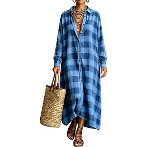 image:imagechouyatou Womens Plaid Button Down Loose Fit Casual Flowy Maxi Shirt DressBlue