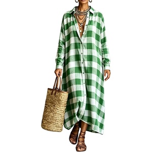 image:imagechouyatou Womens Plaid Button Down Loose Fit Casual Flowy Maxi Shirt DressGreen