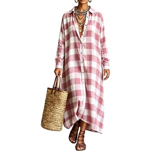 image:imagechouyatou Womens Plaid Button Down Loose Fit Casual Flowy Maxi Shirt DressPink