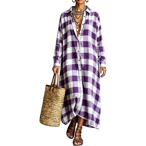 image:imagechouyatou Womens Plaid Button Down Loose Fit Casual Flowy Maxi Shirt DressPurple
