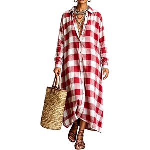 image:imagechouyatou Womens Plaid Button Down Loose Fit Casual Flowy Maxi Shirt DressRed