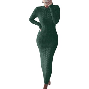 image:imagechouyatou Womens Sexy Crewneck Long Sleeve Cable Knit Bodycon Maxi Pullover Sweater DressGreen