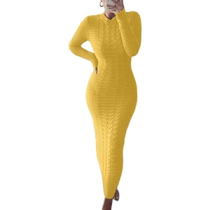 image:imagechouyatou Womens Sexy Crewneck Long Sleeve Cable Knit Bodycon Maxi Pullover Sweater DressYellow