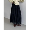 image:imagechouyatou Womens Faux Suede Leather Skirt Lace Crochet Eyelet Elastic Waist Fall Winter Maxi Tiered SkirtBlack