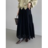 image:imagechouyatou Womens Faux Suede Leather Skirt Lace Crochet Eyelet Elastic Waist Fall Winter Maxi Tiered SkirtBlack
