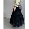 image:imagechouyatou Womens Faux Suede Leather Skirt Lace Crochet Eyelet Elastic Waist Fall Winter Maxi Tiered SkirtBlack