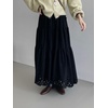 image:imagechouyatou Womens Faux Suede Leather Skirt Lace Crochet Eyelet Elastic Waist Fall Winter Maxi Tiered SkirtBlack