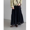 image:imagechouyatou Womens Faux Suede Leather Skirt Lace Crochet Eyelet Elastic Waist Fall Winter Maxi Tiered SkirtBlack