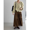 image:imagechouyatou Womens Faux Suede Leather Skirt Lace Crochet Eyelet Elastic Waist Fall Winter Maxi Tiered SkirtBrown