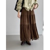 image:imagechouyatou Womens Faux Suede Leather Skirt Lace Crochet Eyelet Elastic Waist Fall Winter Maxi Tiered SkirtBrown