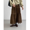 image:imagechouyatou Womens Faux Suede Leather Skirt Lace Crochet Eyelet Elastic Waist Fall Winter Maxi Tiered SkirtBrown