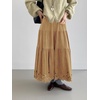 image:imagechouyatou Womens Faux Suede Leather Skirt Lace Crochet Eyelet Elastic Waist Fall Winter Maxi Tiered SkirtLight Brown