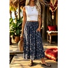 image:imagechouyatou Womens Floral Print Boho Denim Skirt Flare Long Jean SkirtDark Blue