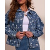image:imagechouyatou Womens Floral Print Denim Trucker Jacket Button Down Jean CoatsBlue
