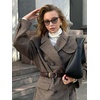 image:imagechouyatou Womens Houndstooth Plaid Wool Blend Pea Coat Double Breasted Lapel Trench Coat with PocketsCoffee Brown