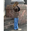 image:imagechouyatou Womens Houndstooth Plaid Wool Blend Pea Coat Double Breasted Lapel Trench Coat with PocketsCoffee Brown